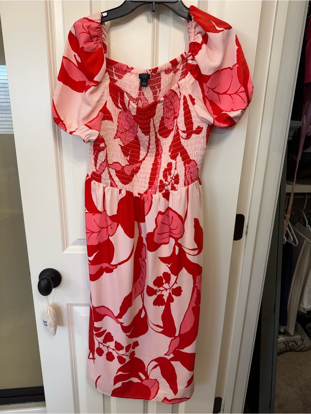 Ann Taylor Factory Pink and Red Floral Smocked Midi Dress